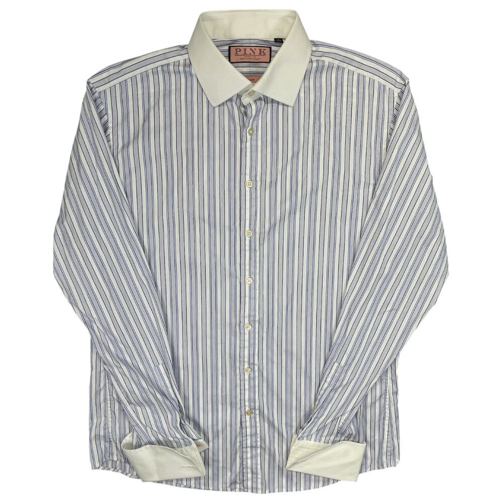 Thomas Pink Cruise Long Sleeve Shirt 16 41 White Blue Stripe